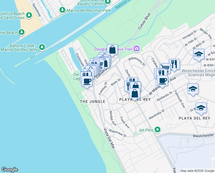 map of restaurants, bars, coffee shops, grocery stores, and more near 315 Rees Street in Los Angeles