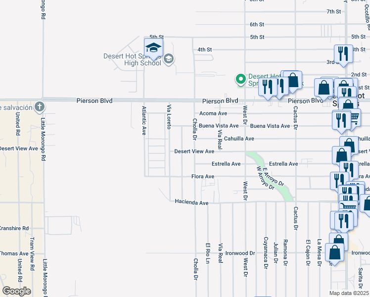 map of restaurants, bars, coffee shops, grocery stores, and more near 12518 Sylvanus Drive in Desert Hot Springs