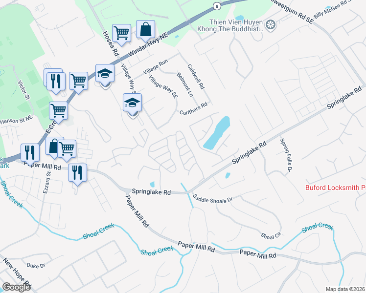 map of restaurants, bars, coffee shops, grocery stores, and more near Village Knoll Drive Southeast in Lawrenceville