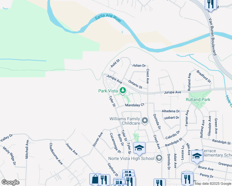 map of restaurants, bars, coffee shops, grocery stores, and more near 7120 Idyllwild Lane in Riverside