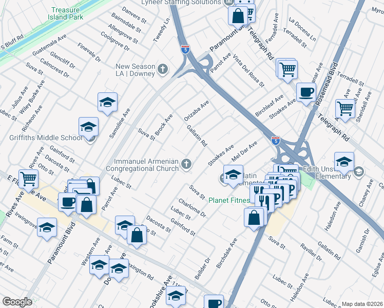 map of restaurants, bars, coffee shops, grocery stores, and more near 9404 Downey Avenue in Downey