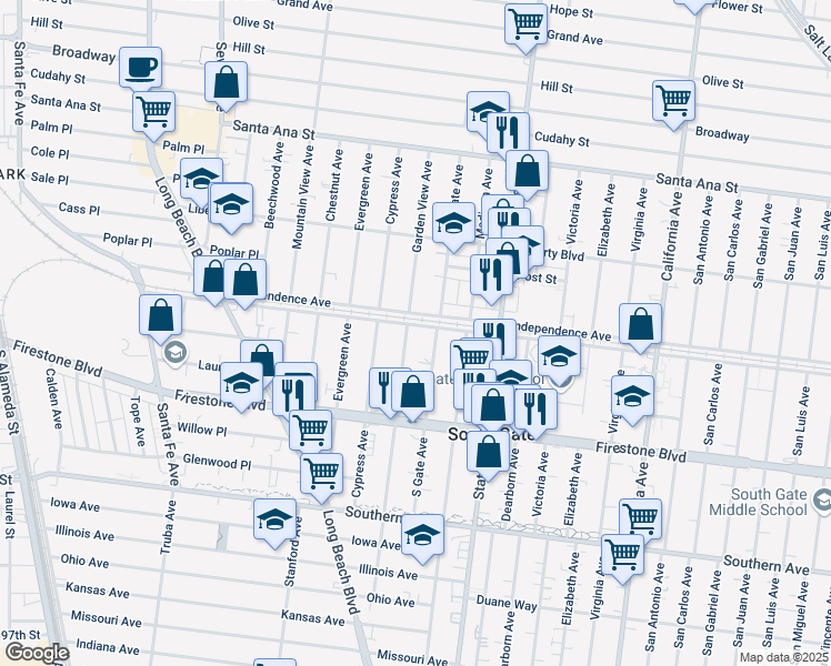 map of restaurants, bars, coffee shops, grocery stores, and more near 8480 Garden View Avenue in South Gate