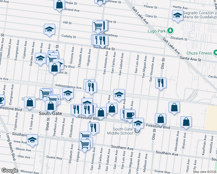 map of restaurants, bars, coffee shops, grocery stores, and more near 8465 San Carlos Avenue in South Gate