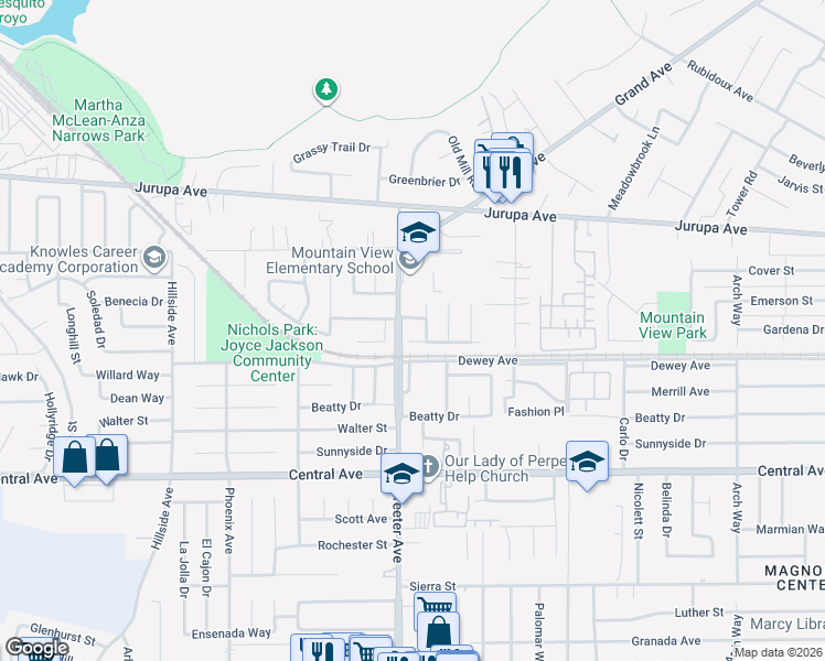map of restaurants, bars, coffee shops, grocery stores, and more near 6292 Streeter Avenue in Riverside