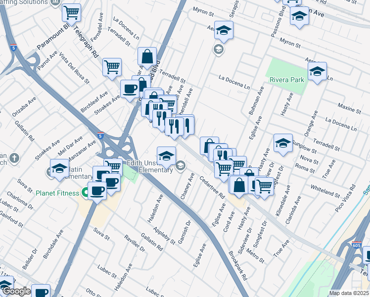 map of restaurants, bars, coffee shops, grocery stores, and more near 9220 Telegraph Road in Downey