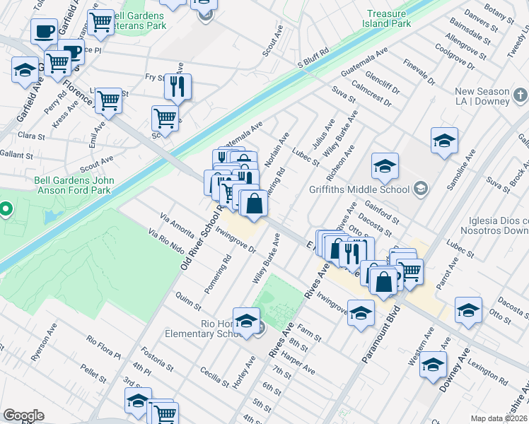 map of restaurants, bars, coffee shops, grocery stores, and more near 10023 Pomering Road in Downey