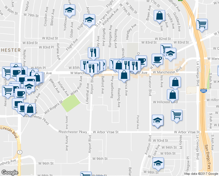 map of restaurants, bars, coffee shops, grocery stores, and more near 8715 Ramsgate Avenue in Los Angeles