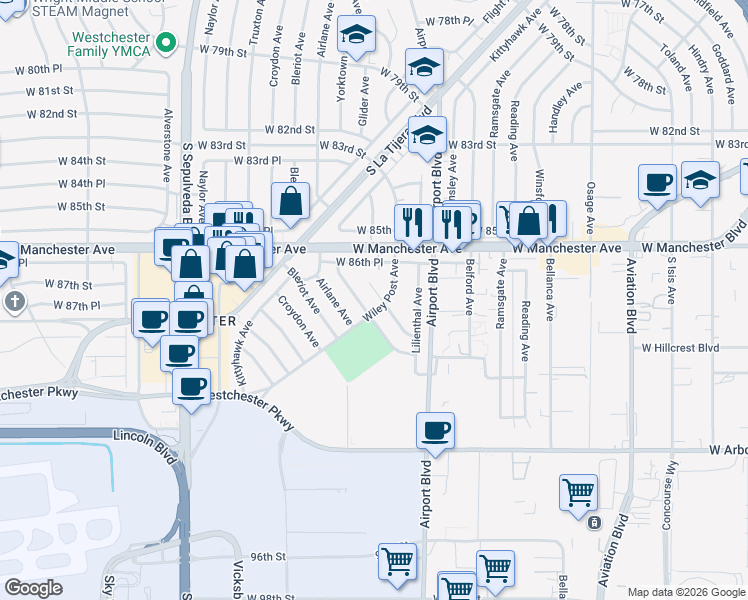 map of restaurants, bars, coffee shops, grocery stores, and more near 8707 Wiley Post Avenue in Los Angeles