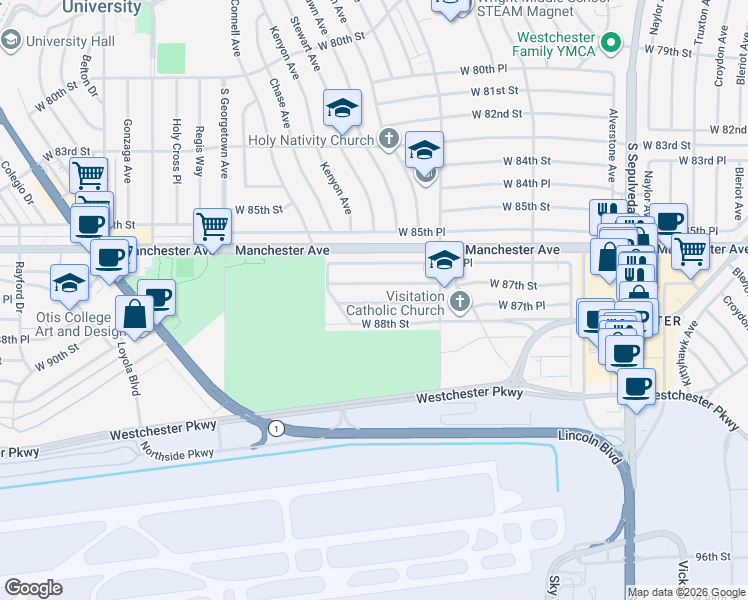 map of restaurants, bars, coffee shops, grocery stores, and more near 6706 West 87th Street in Los Angeles
