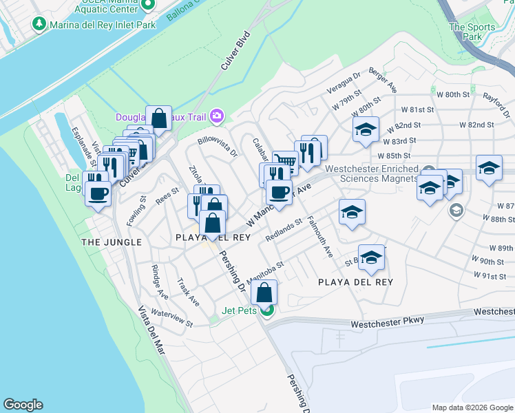 map of restaurants, bars, coffee shops, grocery stores, and more near 8365 Tuscany Avenue in Los Angeles