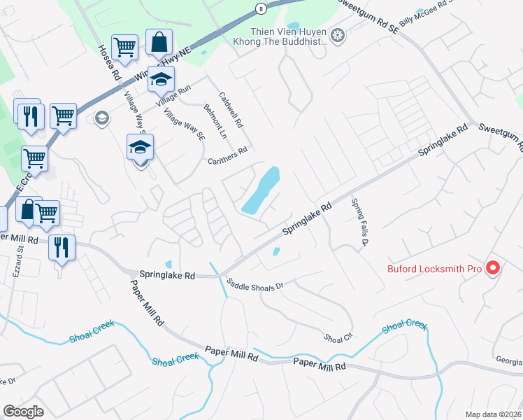 map of restaurants, bars, coffee shops, grocery stores, and more near Pond Lillies Road Southeast in Lawrenceville