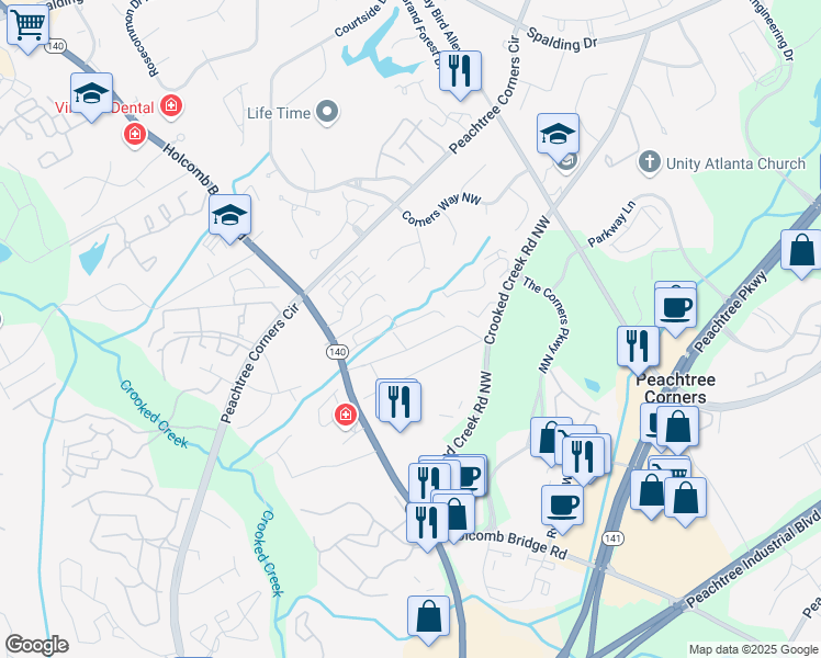 map of restaurants, bars, coffee shops, grocery stores, and more near 6158 Woodland Road Northwest in Norcross