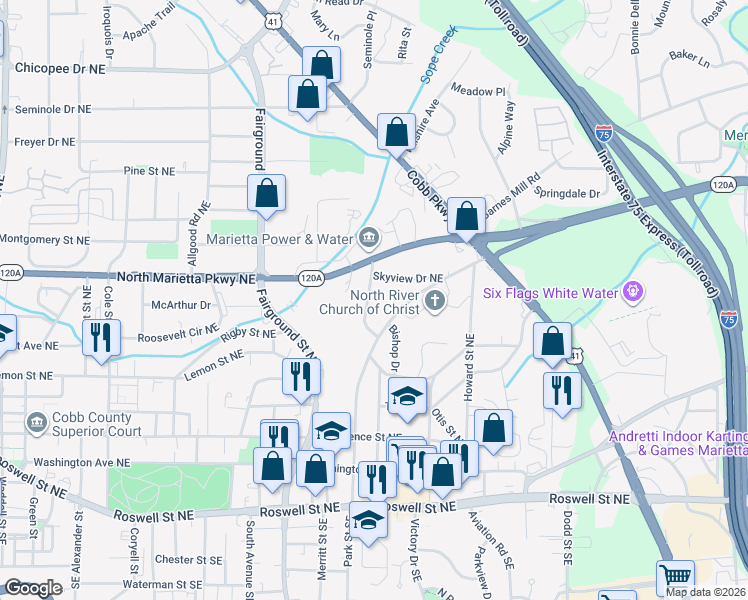 map of restaurants, bars, coffee shops, grocery stores, and more near 275 Amy Drive Northeast in Marietta