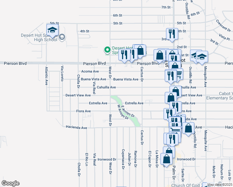 map of restaurants, bars, coffee shops, grocery stores, and more near 66050 Desert View Avenue in Desert Hot Springs