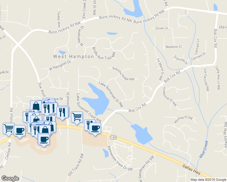 map of restaurants, bars, coffee shops, grocery stores, and more near 174 Lake Somerset Drive in Marietta