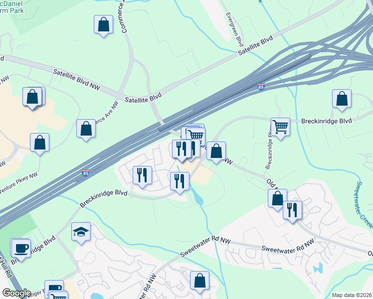 map of restaurants, bars, coffee shops, grocery stores, and more near 2945 Briaroak Drive in Duluth