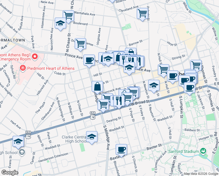 map of restaurants, bars, coffee shops, grocery stores, and more near 360 North Church Street in Athens