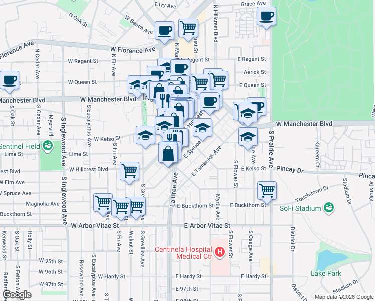 map of restaurants, bars, coffee shops, grocery stores, and more near 233 East Spruce Avenue in Inglewood