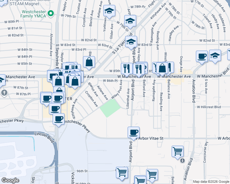 map of restaurants, bars, coffee shops, grocery stores, and more near 8707 Wiley Post Avenue in Los Angeles