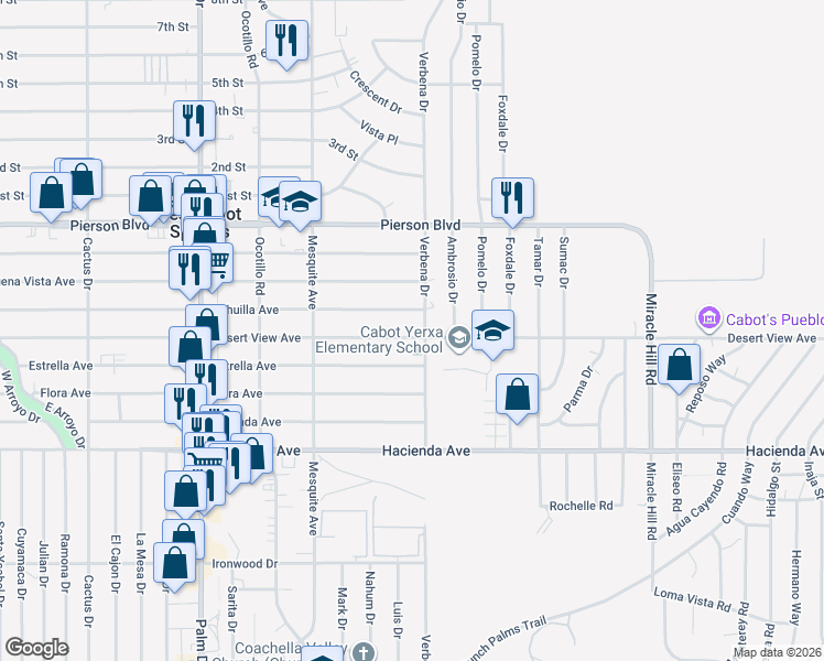 map of restaurants, bars, coffee shops, grocery stores, and more near 66970 Desert View Avenue in Desert Hot Springs