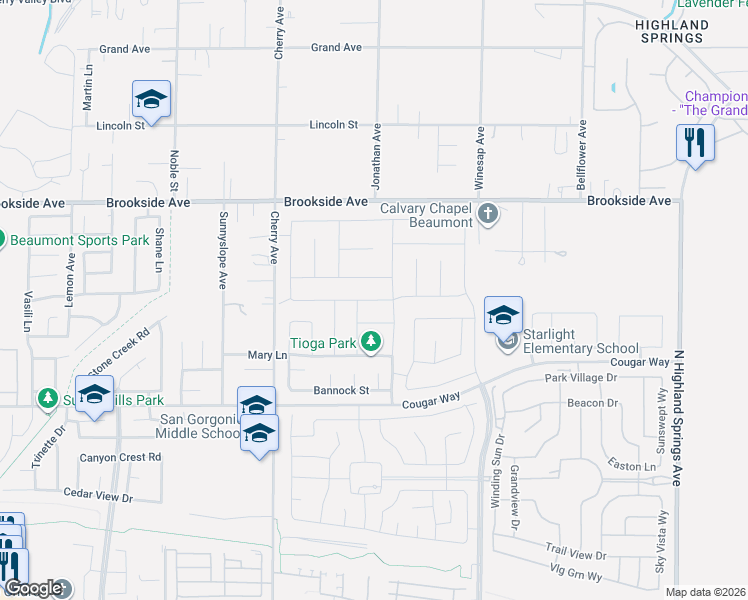map of restaurants, bars, coffee shops, grocery stores, and more near 1335 Alpine Avenue in Beaumont