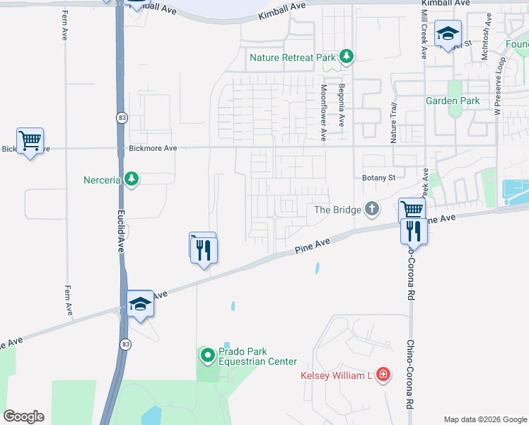 map of restaurants, bars, coffee shops, grocery stores, and more near 16287 Sandpiper Avenue in Chino
