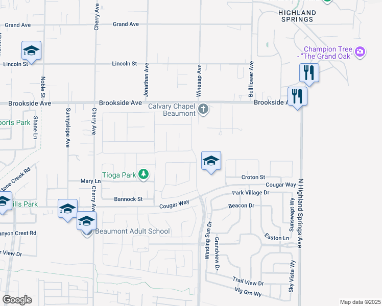 map of restaurants, bars, coffee shops, grocery stores, and more near 1491 Alpine Avenue in Beaumont