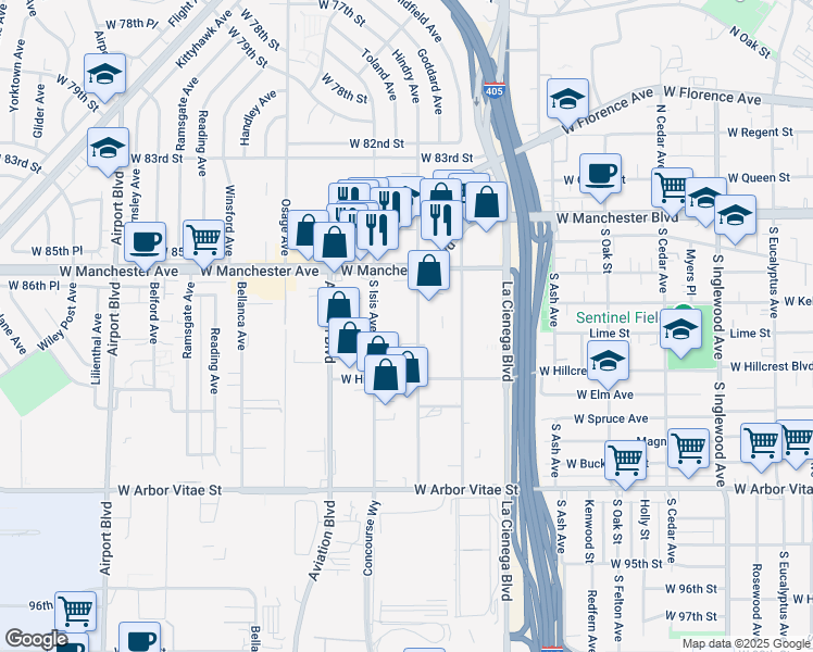 map of restaurants, bars, coffee shops, grocery stores, and more near 343 Hindry Avenue in Inglewood