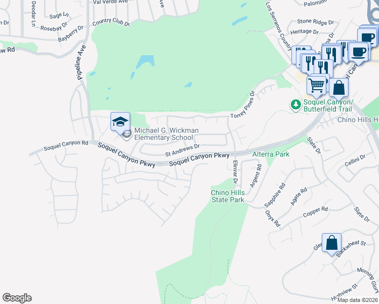 map of restaurants, bars, coffee shops, grocery stores, and more near 4479 Saint Andrews Drive in Chino Hills