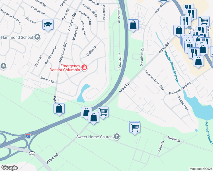 map of restaurants, bars, coffee shops, grocery stores, and more near 1155 Rockwood Road in Columbia