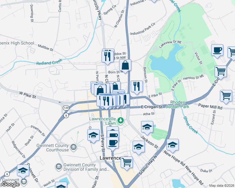 map of restaurants, bars, coffee shops, grocery stores, and more near 128 Buford Drive in Lawrenceville