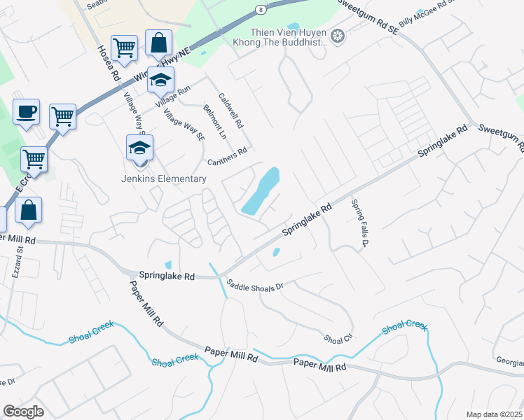 map of restaurants, bars, coffee shops, grocery stores, and more near 456 Pond Lillies Road Southeast in Lawrenceville