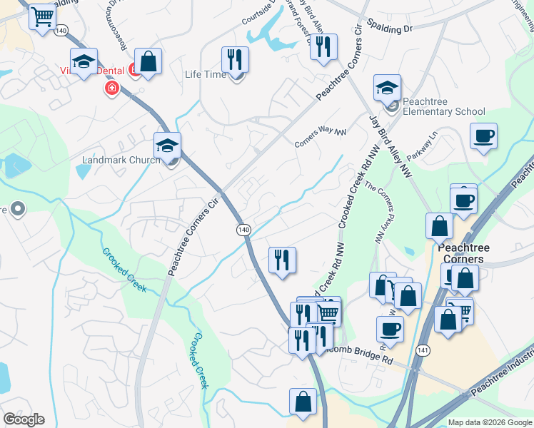 map of restaurants, bars, coffee shops, grocery stores, and more near 6217 Summit Trail in Norcross
