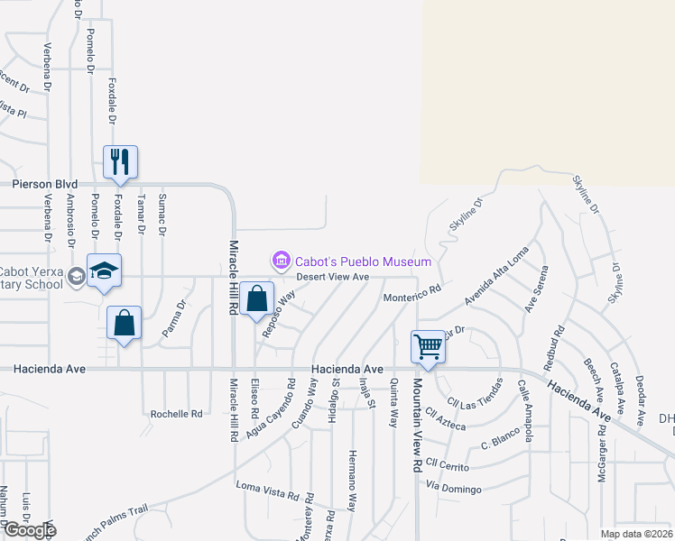 map of restaurants, bars, coffee shops, grocery stores, and more near Desert View Avenue in Desert Hot Springs