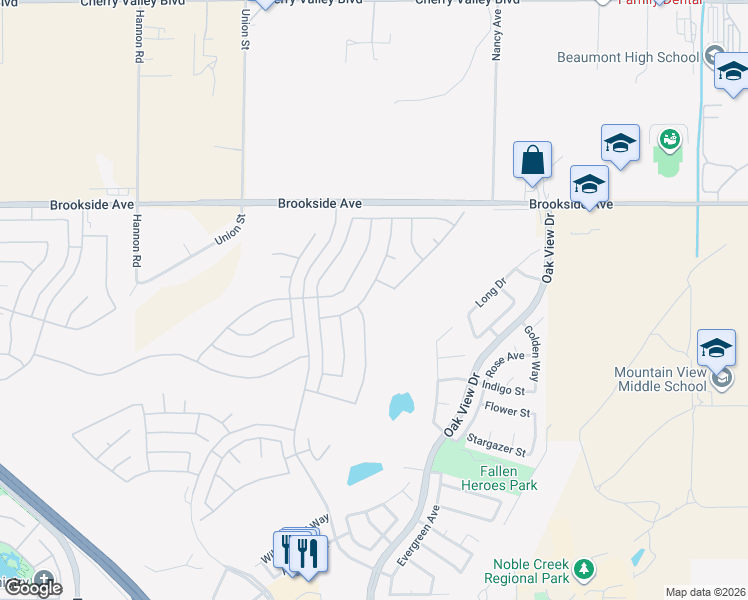 map of restaurants, bars, coffee shops, grocery stores, and more near 1741 Las Colinas Road in Beaumont