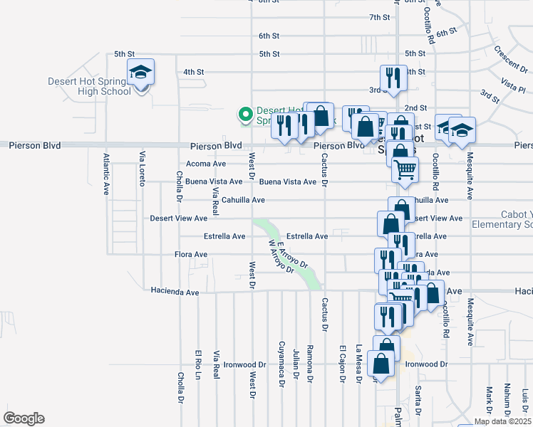 map of restaurants, bars, coffee shops, grocery stores, and more near 66050 Desert View Avenue in Desert Hot Springs