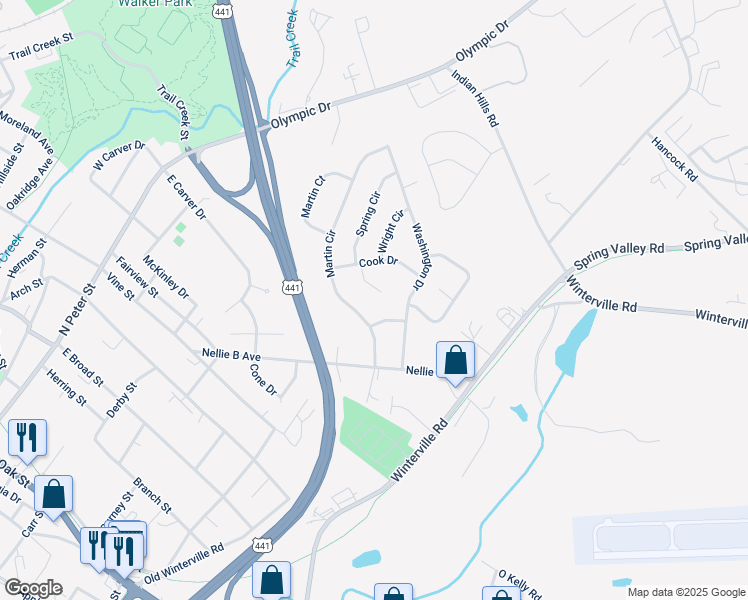 map of restaurants, bars, coffee shops, grocery stores, and more near 165 Cook Circle in Athens