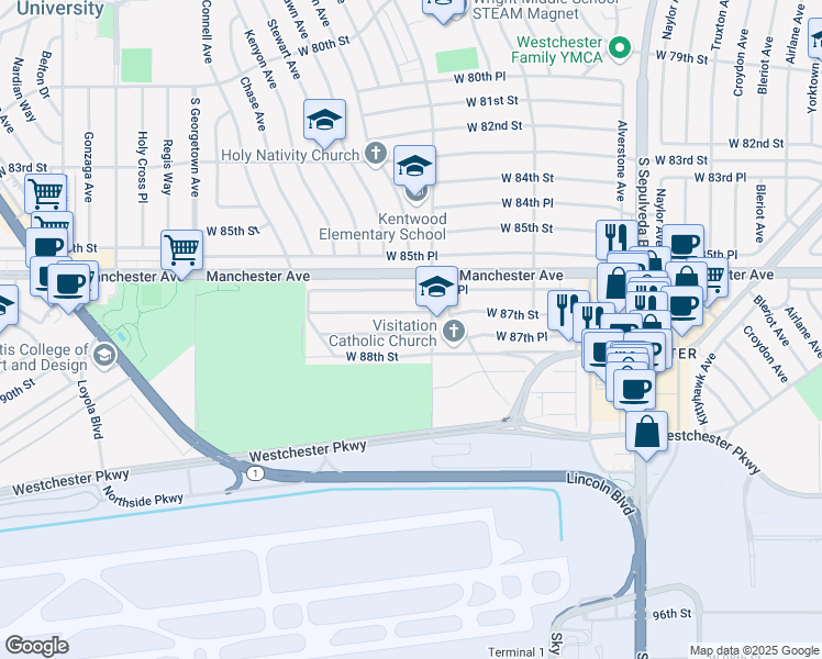 map of restaurants, bars, coffee shops, grocery stores, and more near 6623 West 87th Place in Los Angeles
