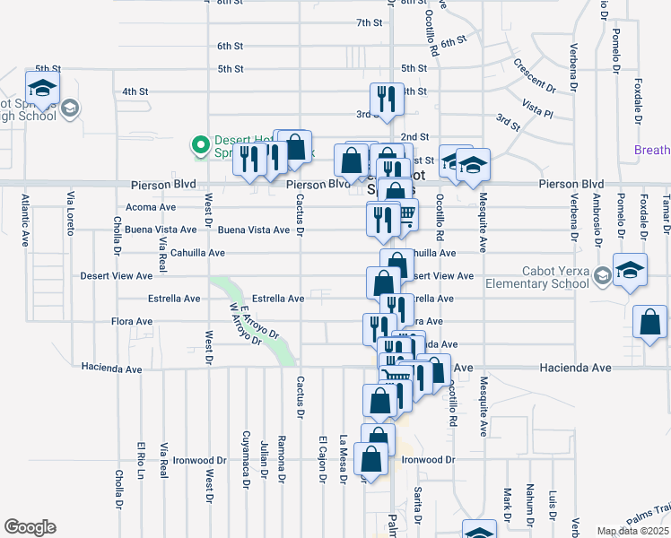 map of restaurants, bars, coffee shops, grocery stores, and more near 66385 Cahuilla Avenue in Desert Hot Springs