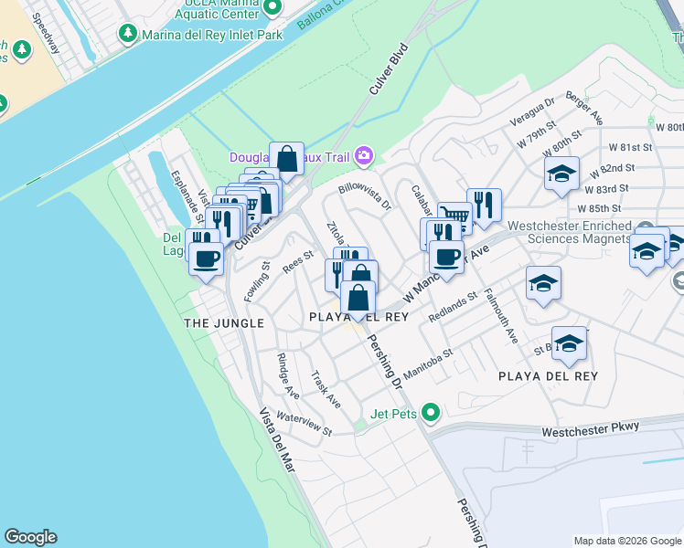 map of restaurants, bars, coffee shops, grocery stores, and more near 8301 Zitola Terrace in Los Angeles
