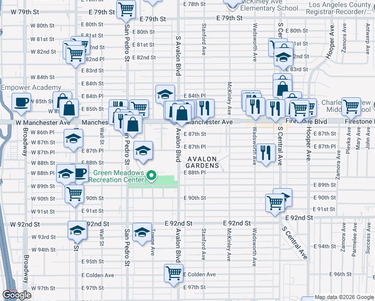 map of restaurants, bars, coffee shops, grocery stores, and more near 613 East 87th Place in Los Angeles
