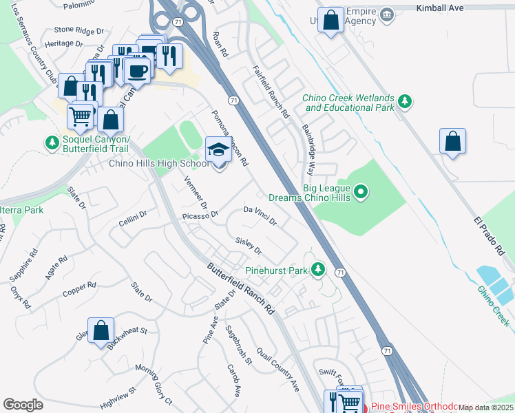 map of restaurants, bars, coffee shops, grocery stores, and more near 16267 Da Vinci Drive in Chino Hills