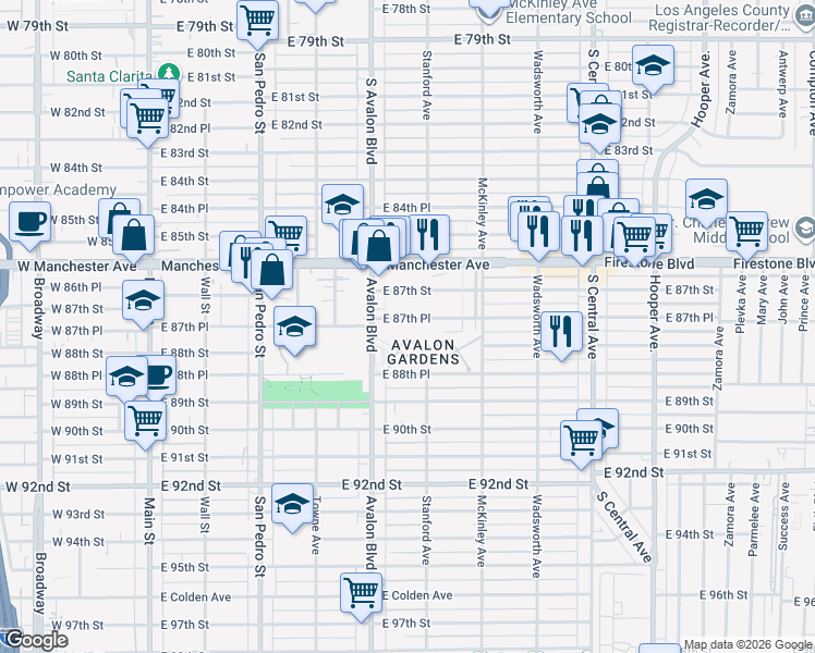 map of restaurants, bars, coffee shops, grocery stores, and more near 636 East 87th Street in Los Angeles