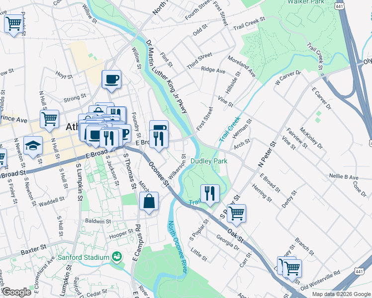 map of restaurants, bars, coffee shops, grocery stores, and more near 141 Wilkerson Street in Athens