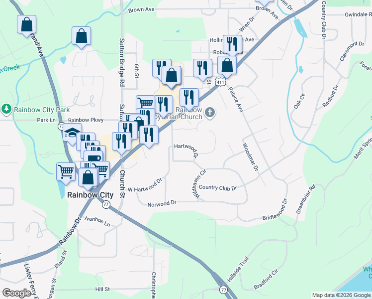 map of restaurants, bars, coffee shops, grocery stores, and more near 105 Hartwood Drive in Gadsden