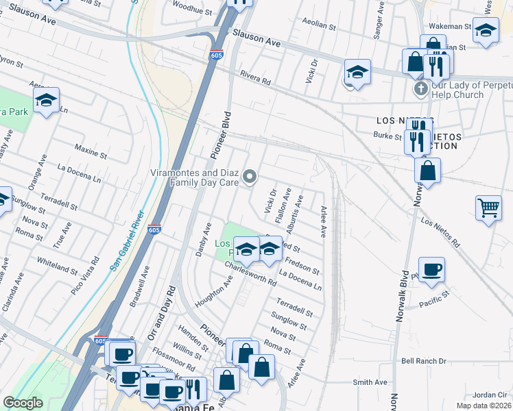 map of restaurants, bars, coffee shops, grocery stores, and more near 9208 Morrill Avenue in Santa Fe Springs