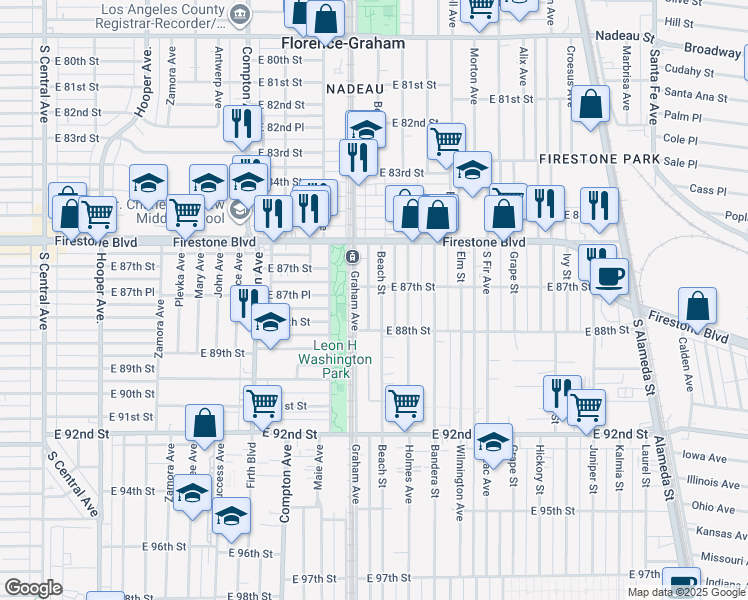 map of restaurants, bars, coffee shops, grocery stores, and more near 8711 Beach Street in Los Angeles