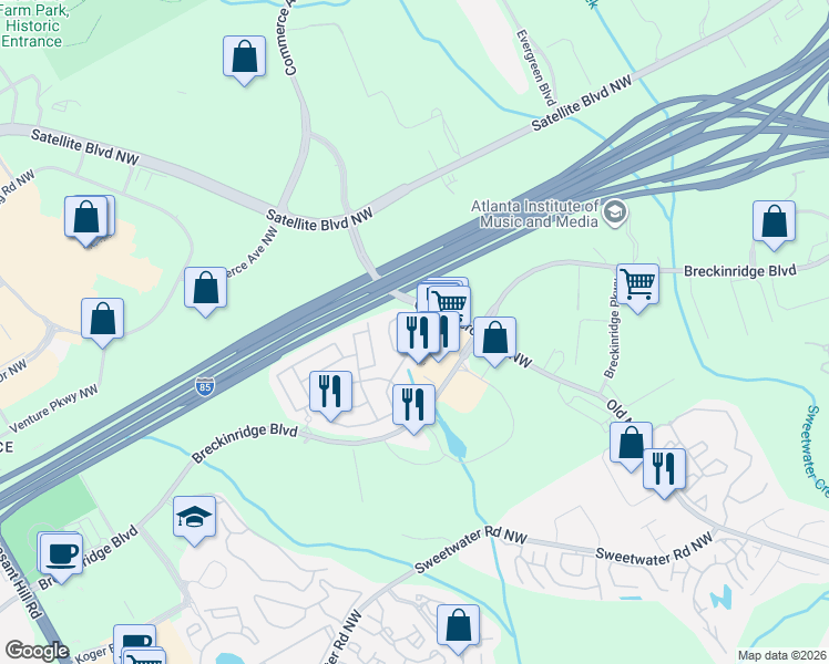 map of restaurants, bars, coffee shops, grocery stores, and more near 2945 Briaroak Drive in Duluth