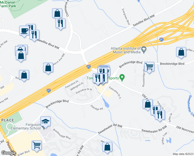 map of restaurants, bars, coffee shops, grocery stores, and more near 2945 Briaroak Drive in Duluth