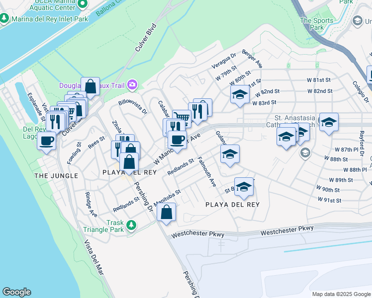 map of restaurants, bars, coffee shops, grocery stores, and more near 8515 Falmouth Avenue in Los Angeles